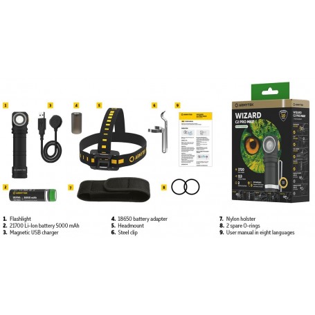 Armytek Wizard C2 Pro Max / quente / 3720 lm / coldre +nylon / 1x21700 incluído ou 1x18650 / Magnet USB / F06701W