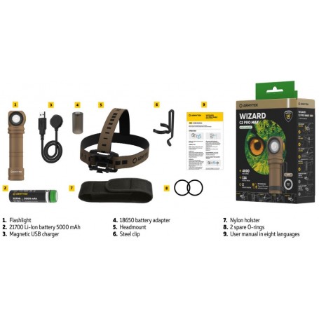 Armytek Wizard C2 Pro Max ทราย / ขาว / 4000 lm / + ซองหนังไนลอน / รวม 1x21700 หรือ 1x18650 / แม่เหล็ก USB / F06701CS