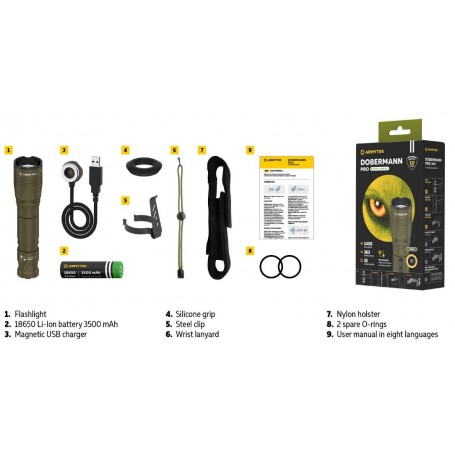 Armytek Dobermann Pro Magnet USB 橄榄色 / 暖色 / 1400 lm / 含 1x18650 / F07501WO