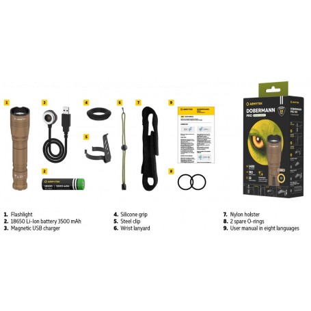 Armytek Dobermann Pro Magnet USB חול / חם / 1400 lm / 1x18650 כלול / F07501WS