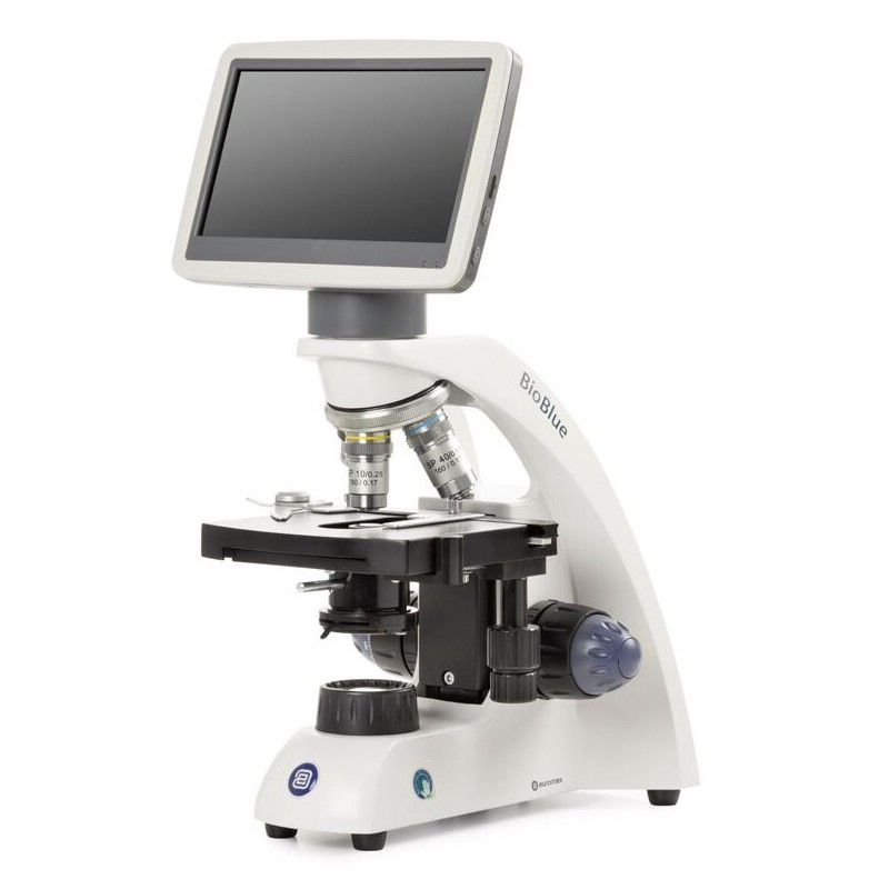Euromex BioBlue، BB.4220-LCD، شاشة LCD بحجم 7 بوصات، عدسات SMP 4/10/S40x، DIN، تكبير 40x - 400x، 10x/18، LED، 1W، طاولة متقاطعة