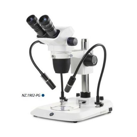 Microscópio estéreo de zoom Euromex NZ.1702-PG, 6.5-55x, Coluna, 2 Pescoços de Ganso, Luz transmitida, bino (63372)
