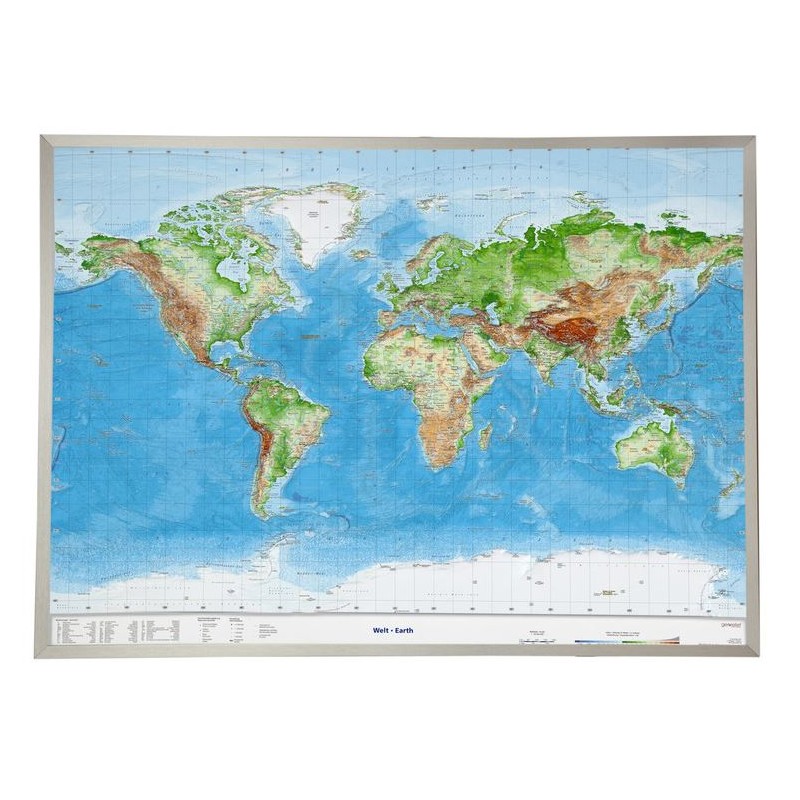 Georelief Grote 3D reliëfkaart van de Wereld, in aluminium frame (in het Duits) (44661)