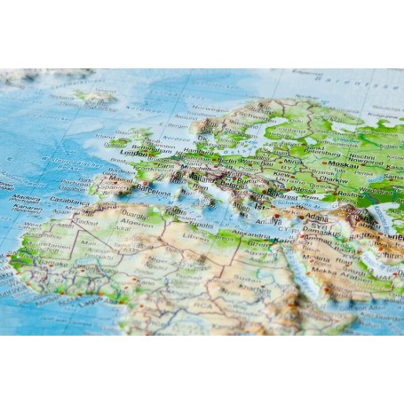 Georelief World map, large 3D relief map with brown wooden frame (in German) (76756)