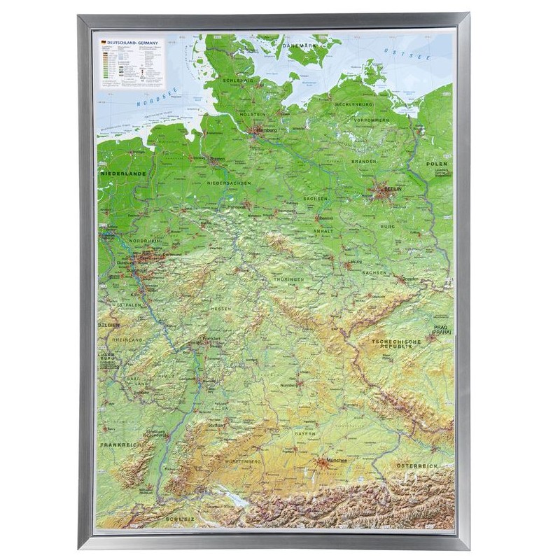 Georelief Velika 3D reljefna karta Njemačke u aluminijskom okviru (na njemačkom) (44617)