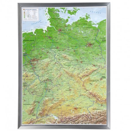 Georelief Stórt 3D upphleypt kort af Þýskalandi í álblönduðum ramma (á þýsku) (44617)