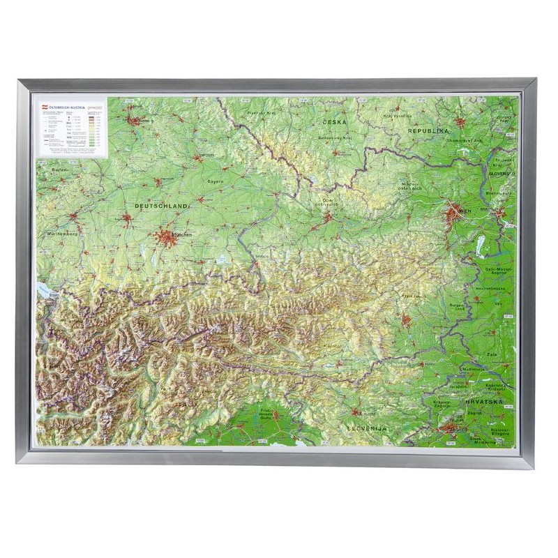 Alüminyum çerçevede Avusturya'nın Georelief Büyük 3D kabartma haritası (Almanca) (44627)