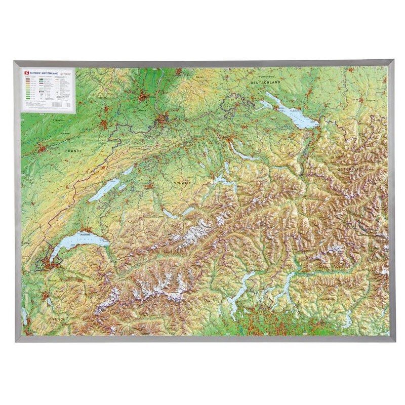 Bản đồ địa hình 3D lớn của Thụy Sĩ trong khung nhôm (bằng tiếng Đức) (44622)