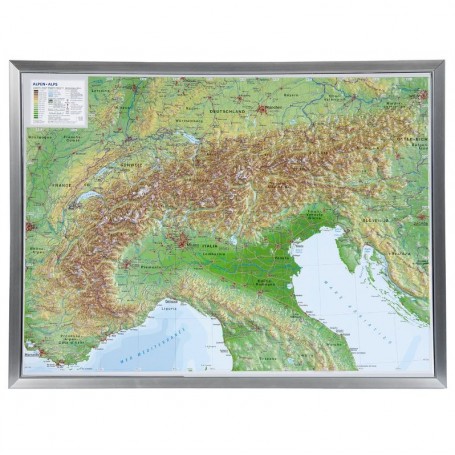 Georelief Grande mappa in rilievo 3D delle Alpi, in cornice di alluminio (in tedesco) (44607)