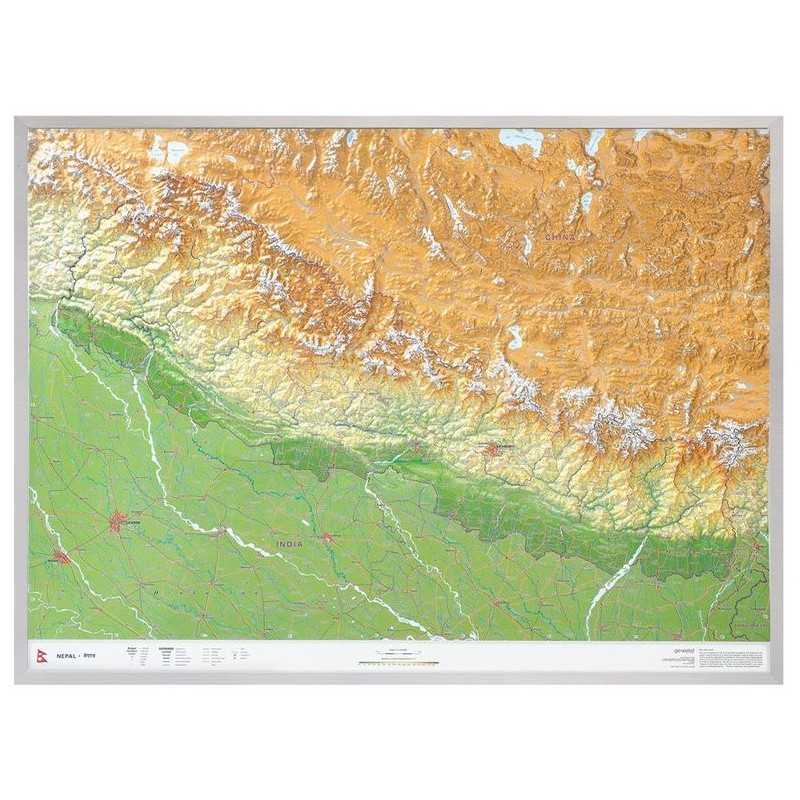 जियोरिलीफ क्षेत्रीय मानचित्र नेपाल बड़ा 3डी एल्यूमिनियम फ्रेम के साथ (जर्मन में) (58036)