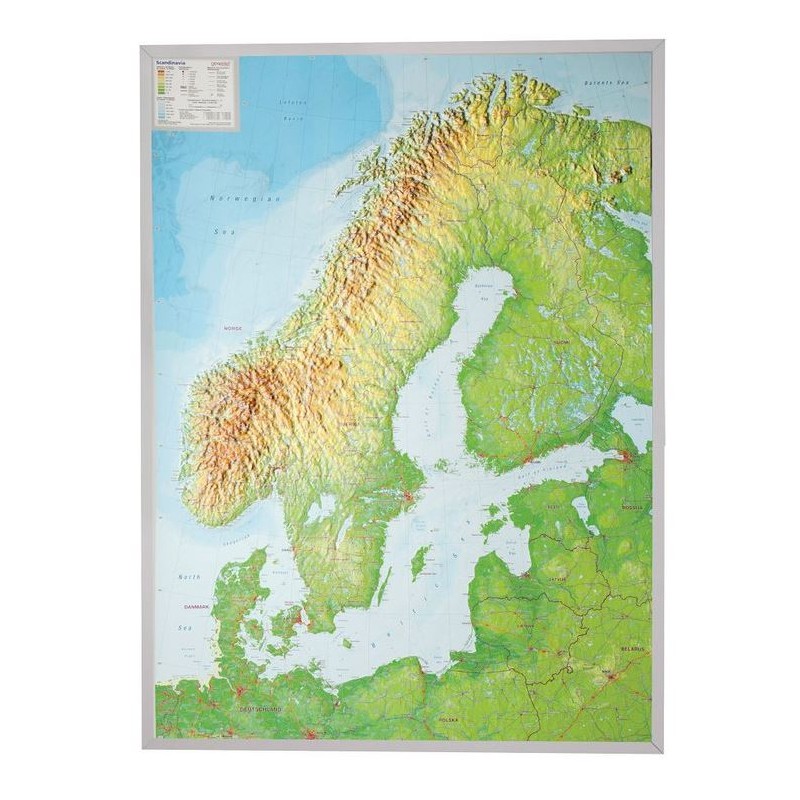 Georelief Scandinavia 3D 浮雕地图，带银色塑料框，大号（德文）（49878）