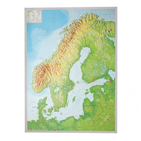 Mapa en relieve 3D de Escandinavia Georelief con marco de plástico plateado, grande (en alemán) (49878)