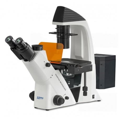 กล้องจุลทรรศน์แบบกลับด้าน Kern OCM 168, FL, PH, trino, Abbe N.A. 0.3 คอนเดนเซอร์แบบคงที่, กำลังขยาย 10x-40x, หลอดไฟ LED 5W, Al/D