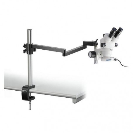 Microscopio stereo zoom Kern OZM 953, trinoculare, 7-45x, HSWF 10x23 mm, supporto da tavolo industriale con morsetto, luce ad an