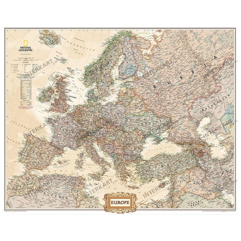Антикварная карта Европы от National Geographic, 3 секции, на английском языке (24941)