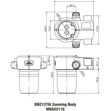 Kepala Zoom Stereo Nikon SMZ-1270i, trino, 6.3-80x, klik berhenti, rasio 12.7:1, 64 mm, 0-30°, WD 70 mm (65448)