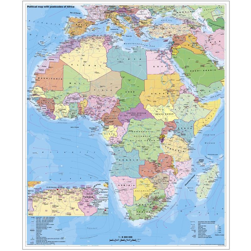 スティーフェル大陸地図 アフリカ 政治 郵便番号付き ピン留め用 英語 (69654)