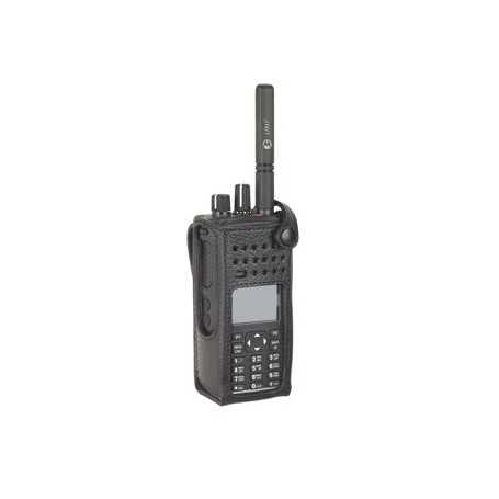 PMLN5838A Motorola hörð leðurtaska með 3" fastri beltalykkju fyrir skjásendi.