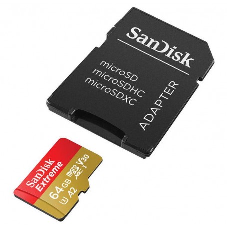 सैनडिस्क एक्सट्रीम 64GB माइक्रोएसडीएक्ससी UHS-I U3 एक्शनकैम मेमोरी कार्ड 170/80 MB/s (SDSQXAH-064G-GN6AA) के साथ